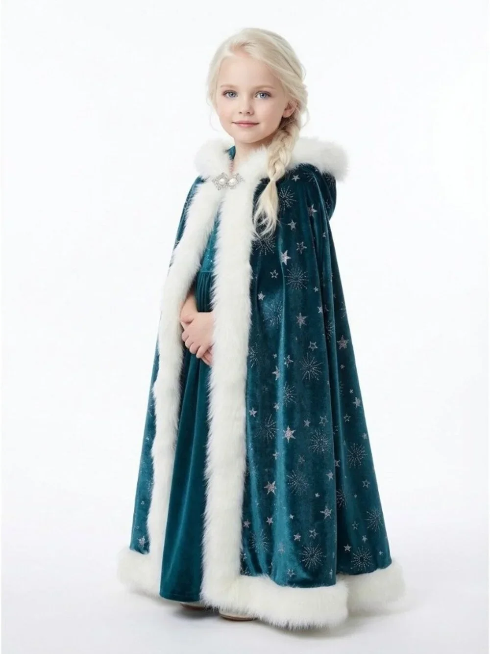 Girls Elsa Inspired Hooded Cape Faux Fur Princess Cloak